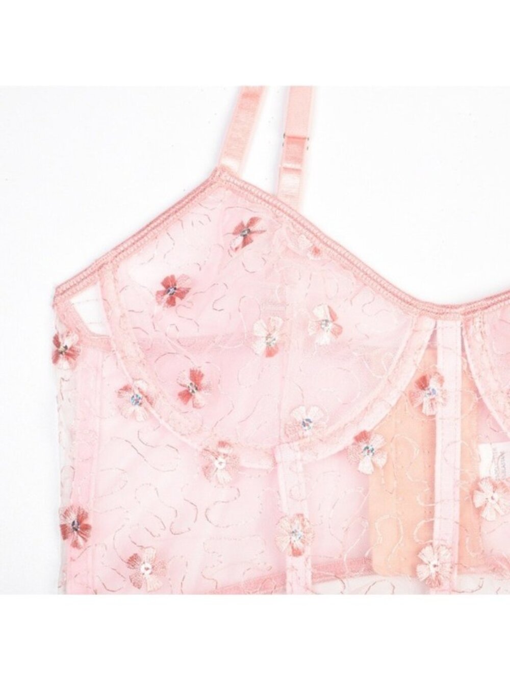 Floral Embroidered Lace Underwire Bralette M Pink Sheer Lingerie Bra Sequin
